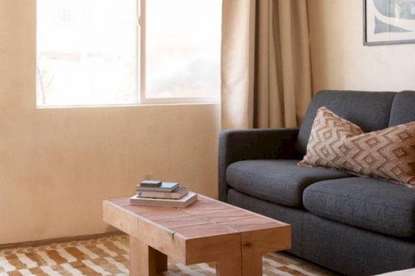 A cozy living room with a dark gray sofa, patterned pillows, a wooden coffee table with books, a rug, a window, and beige curtains.