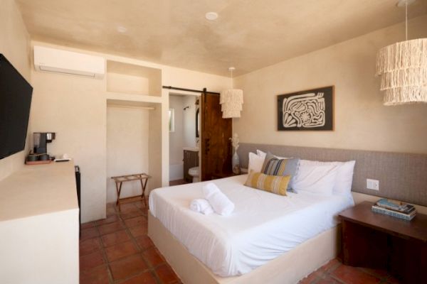 A cozy bedroom with a double bed, wall art, TV, hanging lights, and a small bathroom visible through an open door.